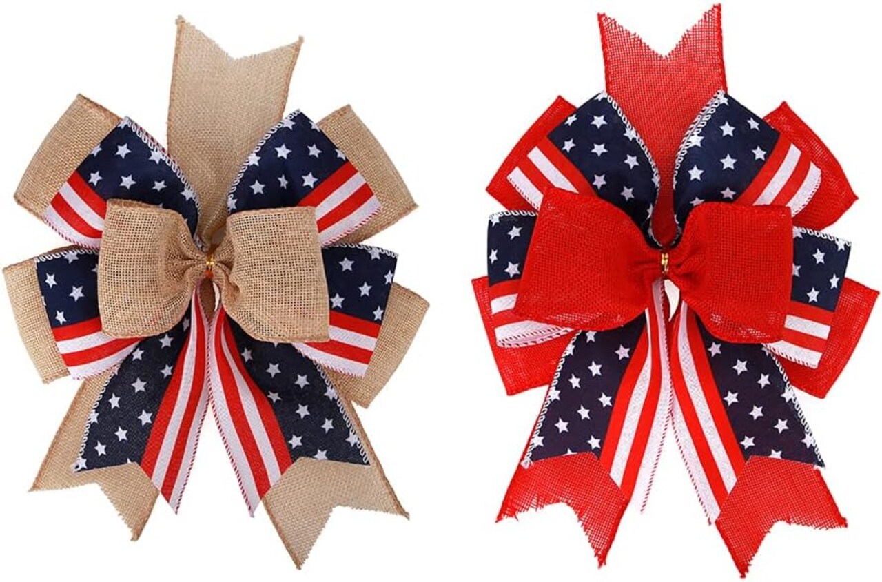 Patriotic Bows for Wreaths Large Burlap Red White Blue Stripe Stars Bow for 4th of July Independence Day Decor,Decorations Bunting Indoor Outdoor Decor and Patriotic Party (12”x9.4 inch)